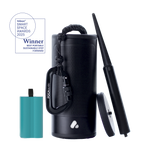 Black portable speaker with accessories on a white background, featuring the Wolgar Smart Space Awards 2025 winner badge.