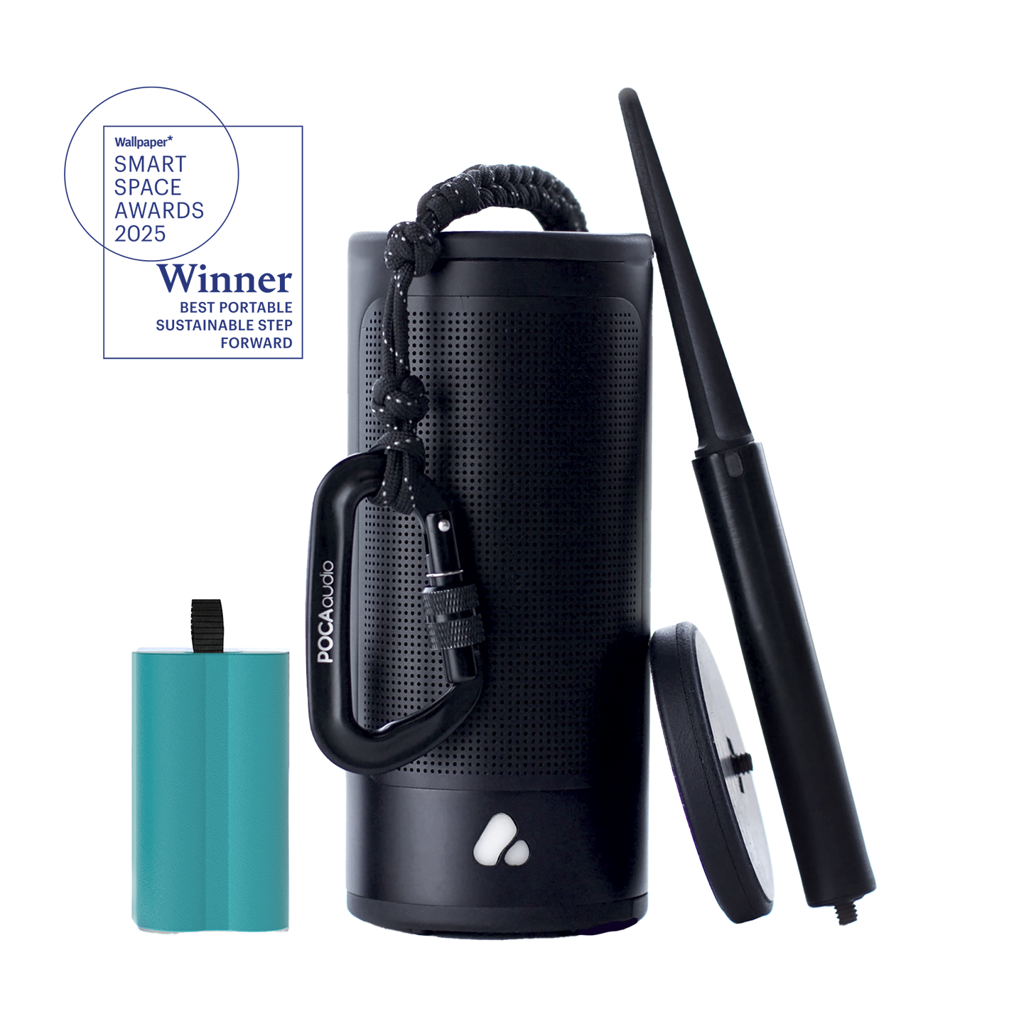 Black portable speaker with accessories on a white background, featuring the Wolgar Smart Space Awards 2025 winner badge.