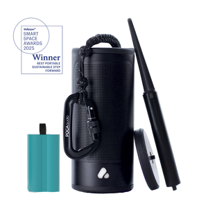 Black portable speaker with accessories on a white background, featuring the Wolgar Smart Space Awards 2025 winner badge.