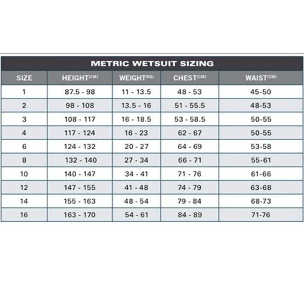 O Neill Youth Wetsuit Size Chart