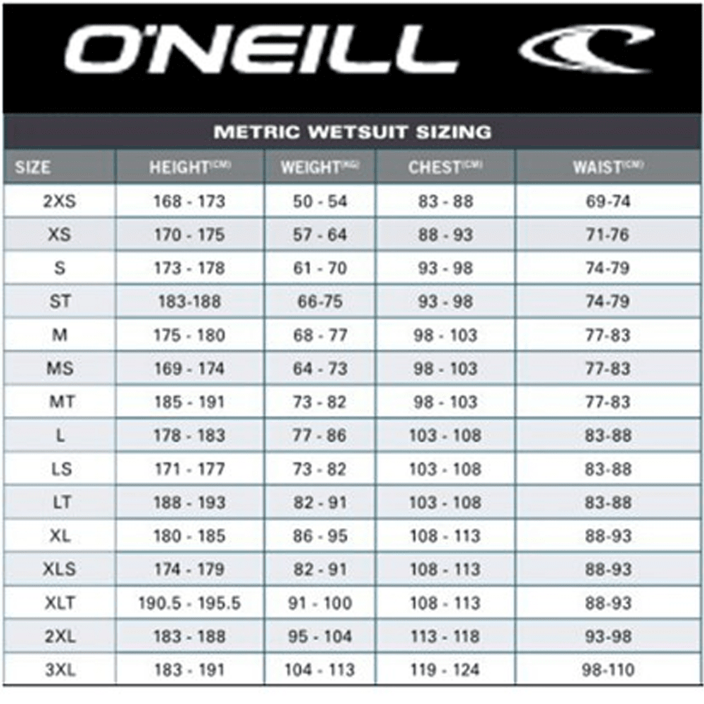 O Neill Reactor Wetsuit Size Chart